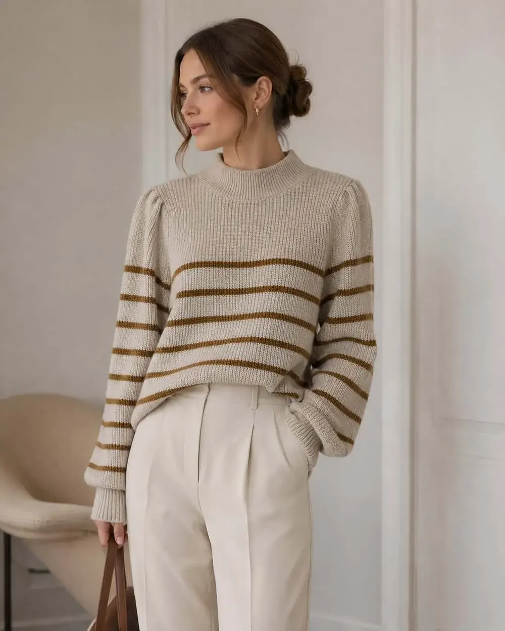Garnet Hill Wool Linen Striped Puff Sleeve Mock Neck Sweater Medium Cozy - Picture 1 of 7